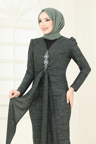 moda selvim فستان سهرة اخضر عفني 2782ASMK1074 - Thumbnail