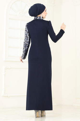 moda selvim Evening Dress 2790ASMK1074 Navy Blue - Thumbnail