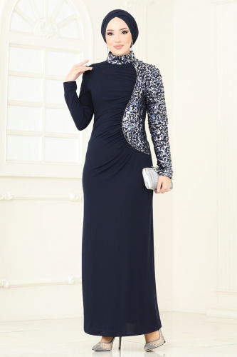 moda selvim Evening Dress 2790ASMK1074 Navy Blue - Thumbnail