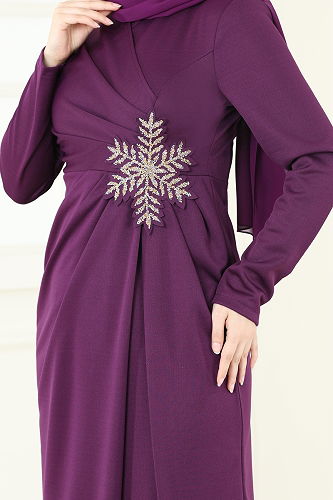 moda selvim Evening Dress 2792ASMK1074 Damson - Thumbnail