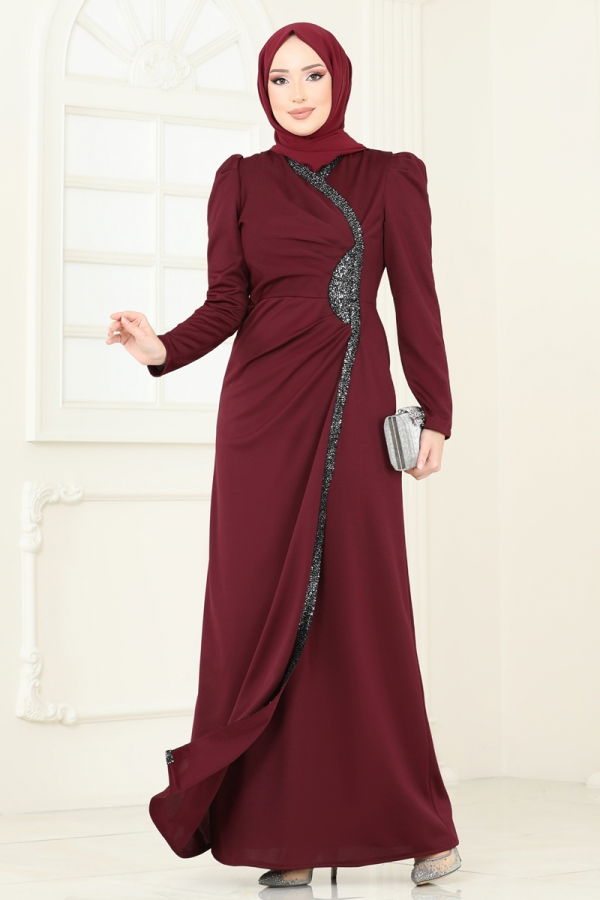 Modaselvim New Season Discount Evening Dress 2793ASMK1074 Burgundy