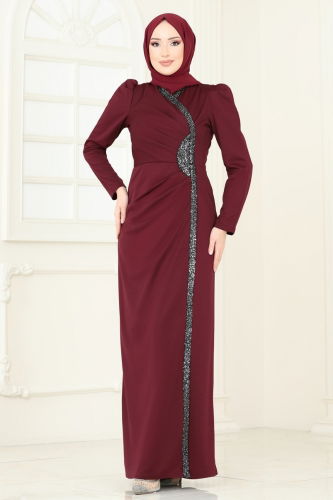 moda selvim Evening Dress 2793ASMK1074 Burgundy - Thumbnail