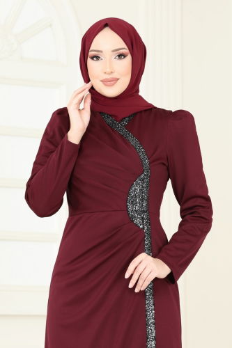 moda selvim Evening Dress 2793ASMK1074 Burgundy - Thumbnail