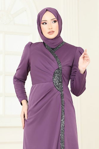 moda selvim Evening Dress 2793ASMK1074 Dark Lilac - Thumbnail