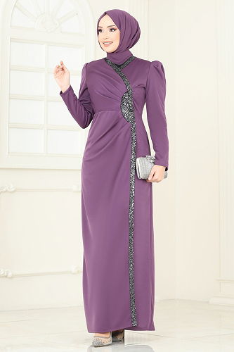 moda selvim فستان سهرة ليلكي غامق 2793ASMK1074 - Thumbnail