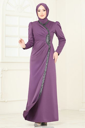 moda selvim فستان سهرة ليلكي غامق 2793ASMK1074 - Thumbnail