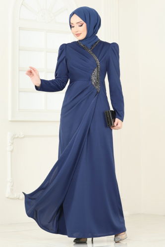 moda selvim Evening Dress 2793ASMK1074 Navy Blue - Thumbnail