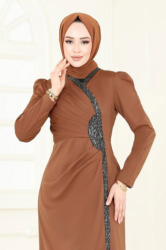 moda selvim Evening Dress 2793ASMK1074 Tan - Thumbnail