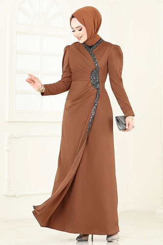 moda selvim فستان سهرة عسلي 2793ASMK1074 - Thumbnail