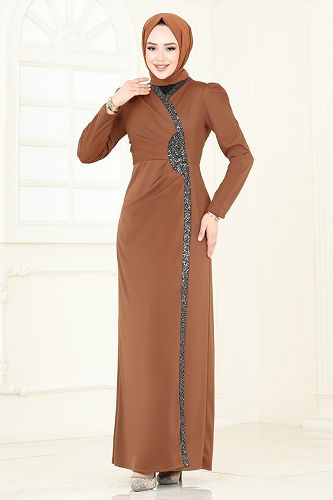 moda selvim فستان سهرة عسلي 2793ASMK1074 - Thumbnail