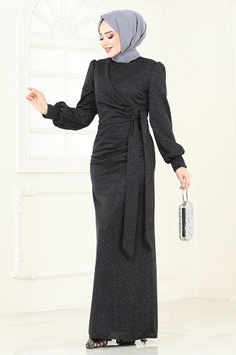 moda selvim فستان سهرة أسود 2801ASMK1074 - Thumbnail