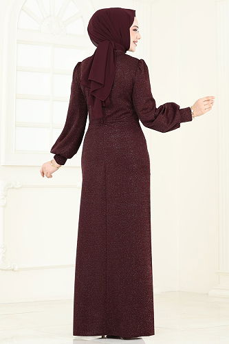 moda selvim Evening Dress 2801ASMK1074 Burgundy - Thumbnail
