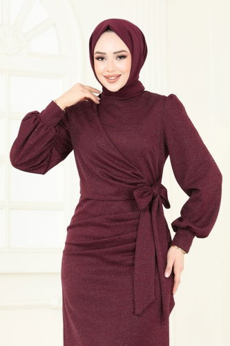 moda selvim فستان سهرة خمري 2801ASMK1074 - Thumbnail