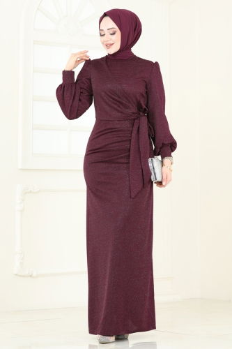 moda selvim Evening Dress 2801ASMK1074 Damson - Thumbnail