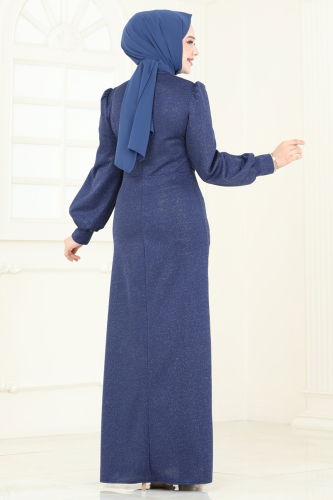 moda selvim Evening Dress 2801ASMK1074 Indigo - Thumbnail