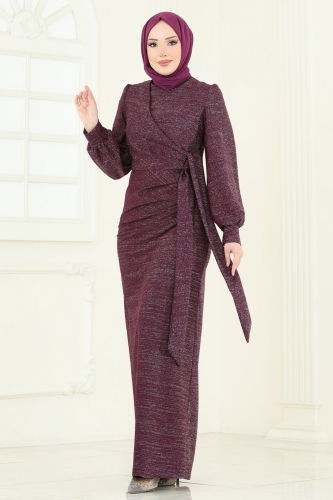 moda selvim Evening Dress 2807ASMK1074 Damson - Thumbnail