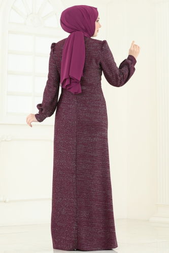 moda selvim Evening Dress 2807ASMK1074 Damson - Thumbnail