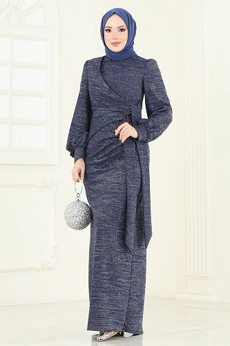 moda selvim Evening Dress 2807ASMK1074 Indigo - Thumbnail