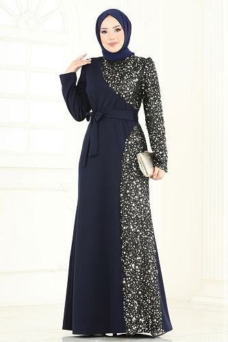 moda selvim Evening Dress 2808ASMK1074 Navy Blue - Thumbnail