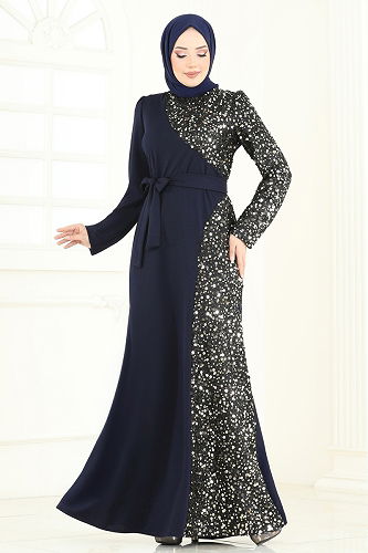 moda selvim Evening Dress 2808ASMK1074 Navy Blue - Thumbnail