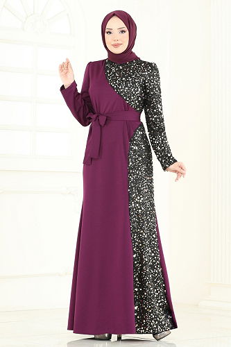 moda selvim Evening Dress 2808ASMK1074 Purple - Thumbnail
