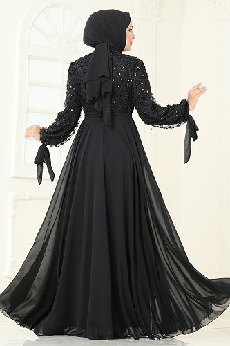 moda selvim فستان سهرة أسود 2814ELC1143 - Thumbnail