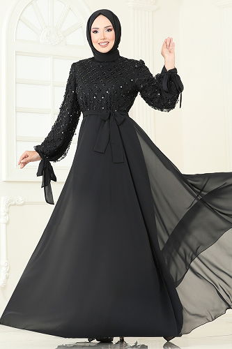 moda selvim فستان سهرة أسود 2814ELC1143 - Thumbnail