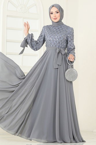 moda selvim Evening Dress 2814ELC1143 Gray - Thumbnail