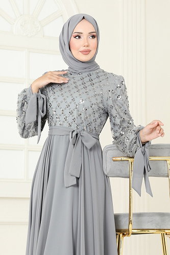 moda selvim Evening Dress 2814ELC1143 Gray - Thumbnail