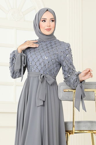 moda selvim فستان سهرة رمادي 2814ELC1143 - Thumbnail