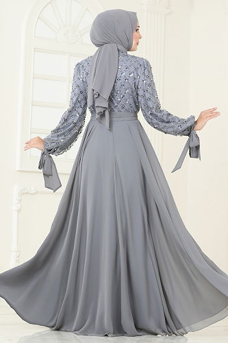 moda selvim فستان سهرة رمادي 2814ELC1143 - Thumbnail