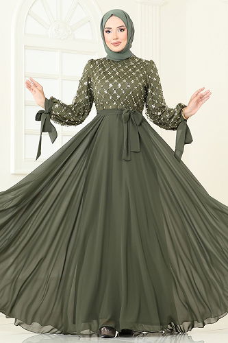 moda selvim فستان سهرة اخضر عفني 2814ELC1143 - Thumbnail