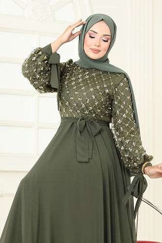 moda selvim فستان سهرة اخضر عفني 2814ELC1143 - Thumbnail