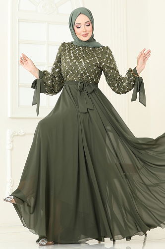 moda selvim فستان سهرة اخضر عفني 2814ELC1143 - Thumbnail