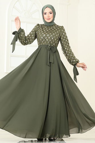 moda selvim فستان سهرة اخضر عفني 2814ELC1143 - Thumbnail