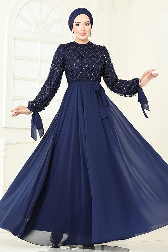 moda selvim Evening Dress 2814ELC1143 Navy Blue - Thumbnail
