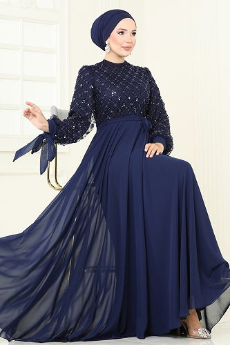 moda selvim Evening Dress 2814ELC1143 Navy Blue - Thumbnail