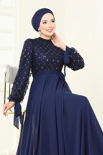 moda selvim Evening Dress 2814ELC1143 Navy Blue - Thumbnail