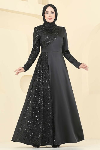 moda selvim فستان سهرة أسود 2818ELC1143 - Thumbnail