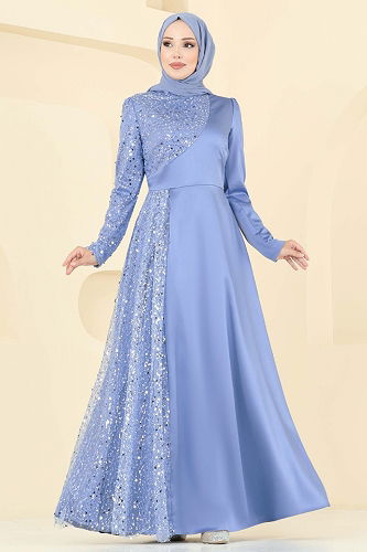 moda selvim فستان سهرة أزرق 2818ELC1143 - Thumbnail