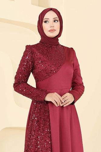 moda selvim Evening Dress 2818ELC1143 Burgundy - Thumbnail