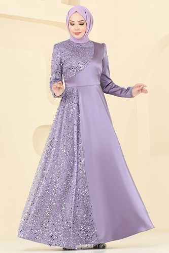 moda selvim فستان سهرة ليلكي 2818ELC1143 - Thumbnail