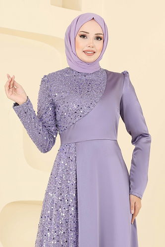 moda selvim فستان سهرة ليلكي 2818ELC1143 - Thumbnail