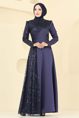 moda selvim فستان سهرة كحلي 2818ELC1143 - Thumbnail