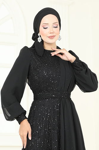 moda selvim Evening Dress 2819ELC1143 Black - Thumbnail