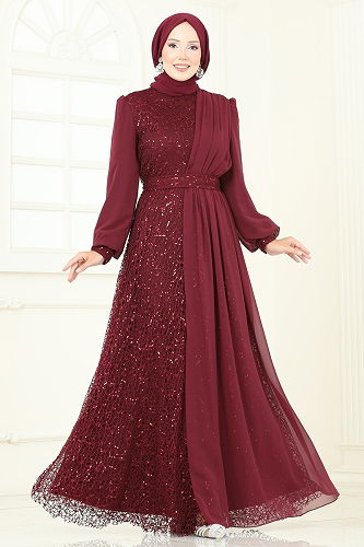 moda selvim Evening Dress 2819ELC1143 Burgundy - Thumbnail