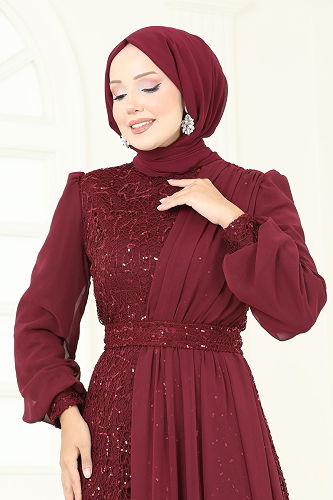 moda selvim Evening Dress 2819ELC1143 Burgundy - Thumbnail