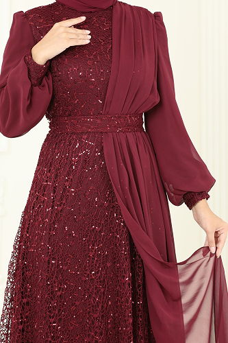 moda selvim Evening Dress 2819ELC1143 Burgundy - Thumbnail