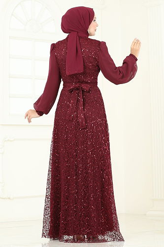 moda selvim فستان سهرة خمري 2819ELC1143 - Thumbnail