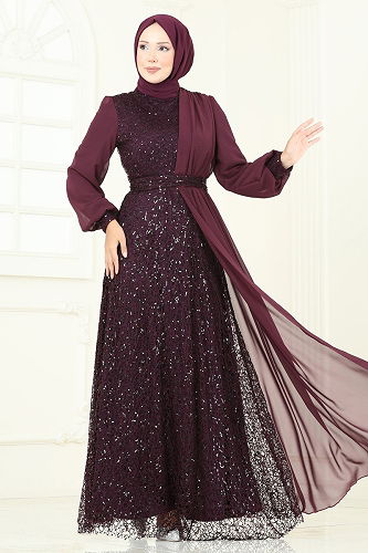 moda selvim Evening Dress 2819ELC1143 Damson - Thumbnail